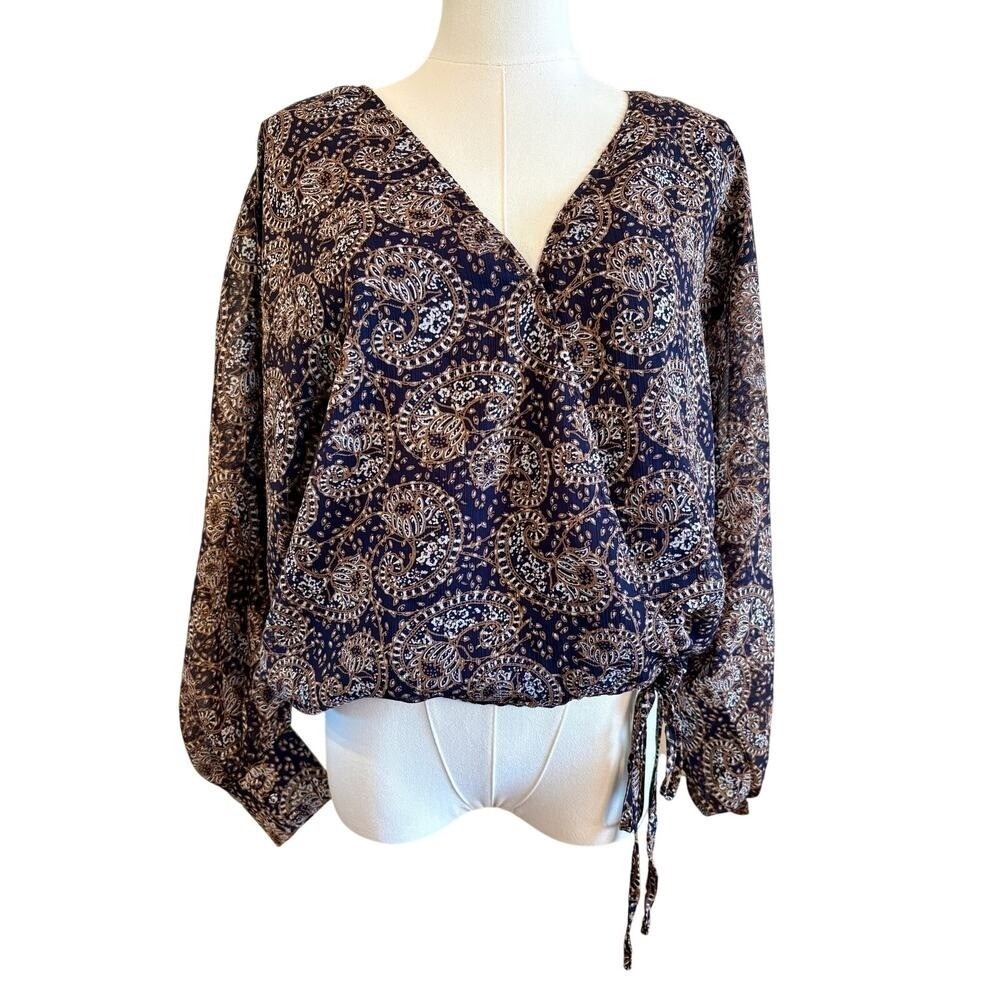 VICI Women's Large Navy Paisley Wrap Blouse Boho Fall Long Sleeve Side Tie Top
